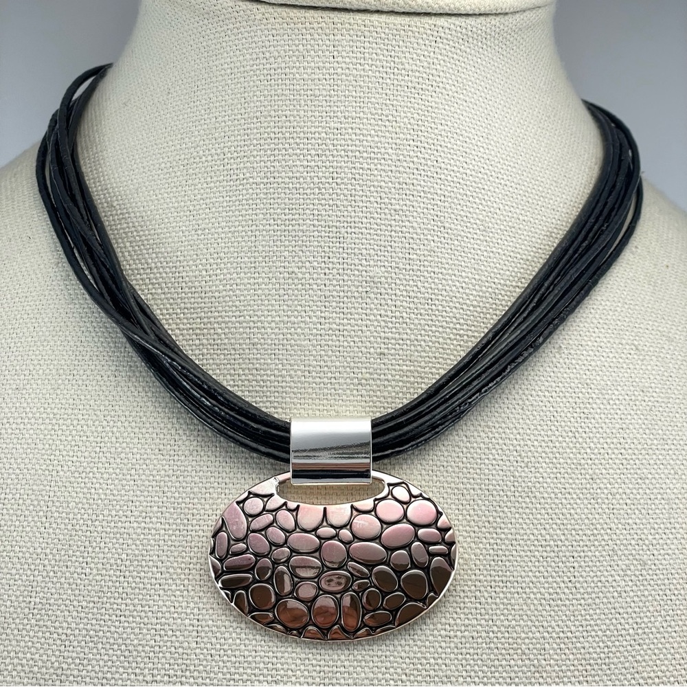 Napier Signed Multi-Strand Black Cord Choker Necklace w/ Silver Tone Pendant 18"
